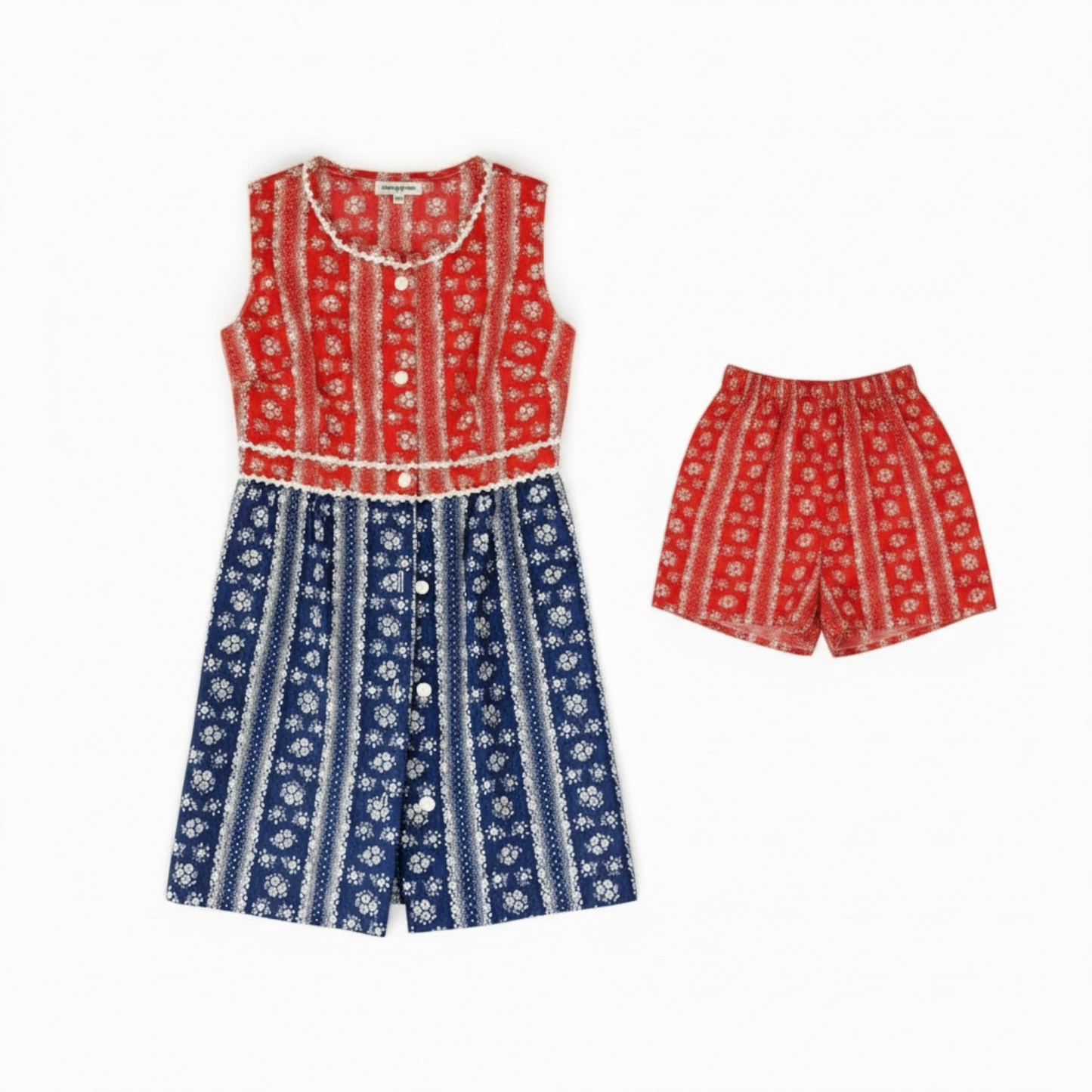 True Vintage Two-Piece Dress & Shorts Set – Red/Blue Floral Calico, XS