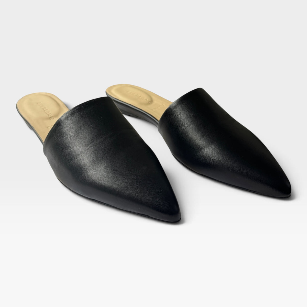 NWT Everlane The Pointed Slide, Black Leather Mules, Slip-On Flats, Size 9