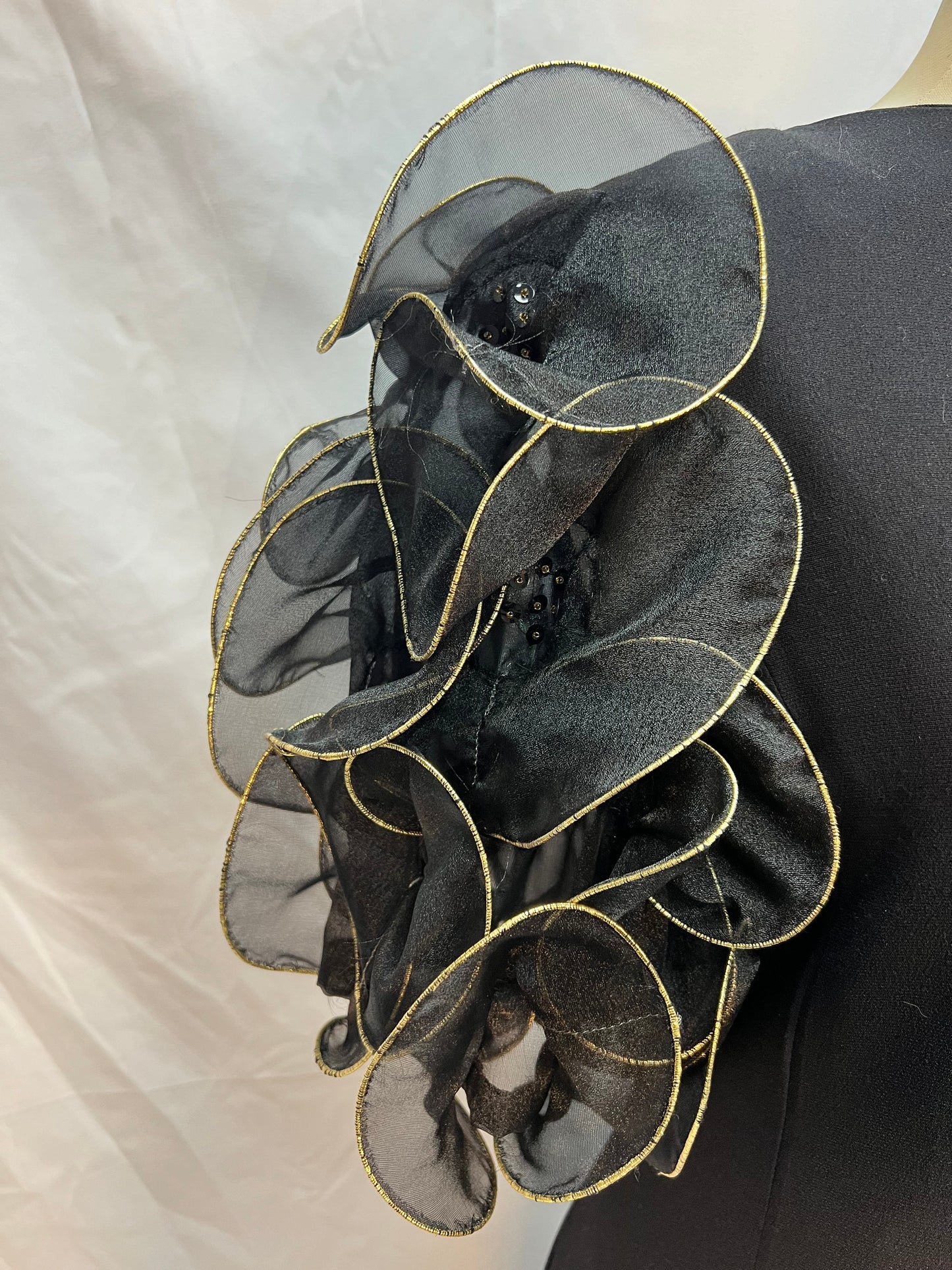 Black and Gold Puff Shoulder 1980s Statement Dress