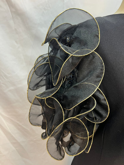 Black and Gold Puff Shoulder 1980s Statement Dress