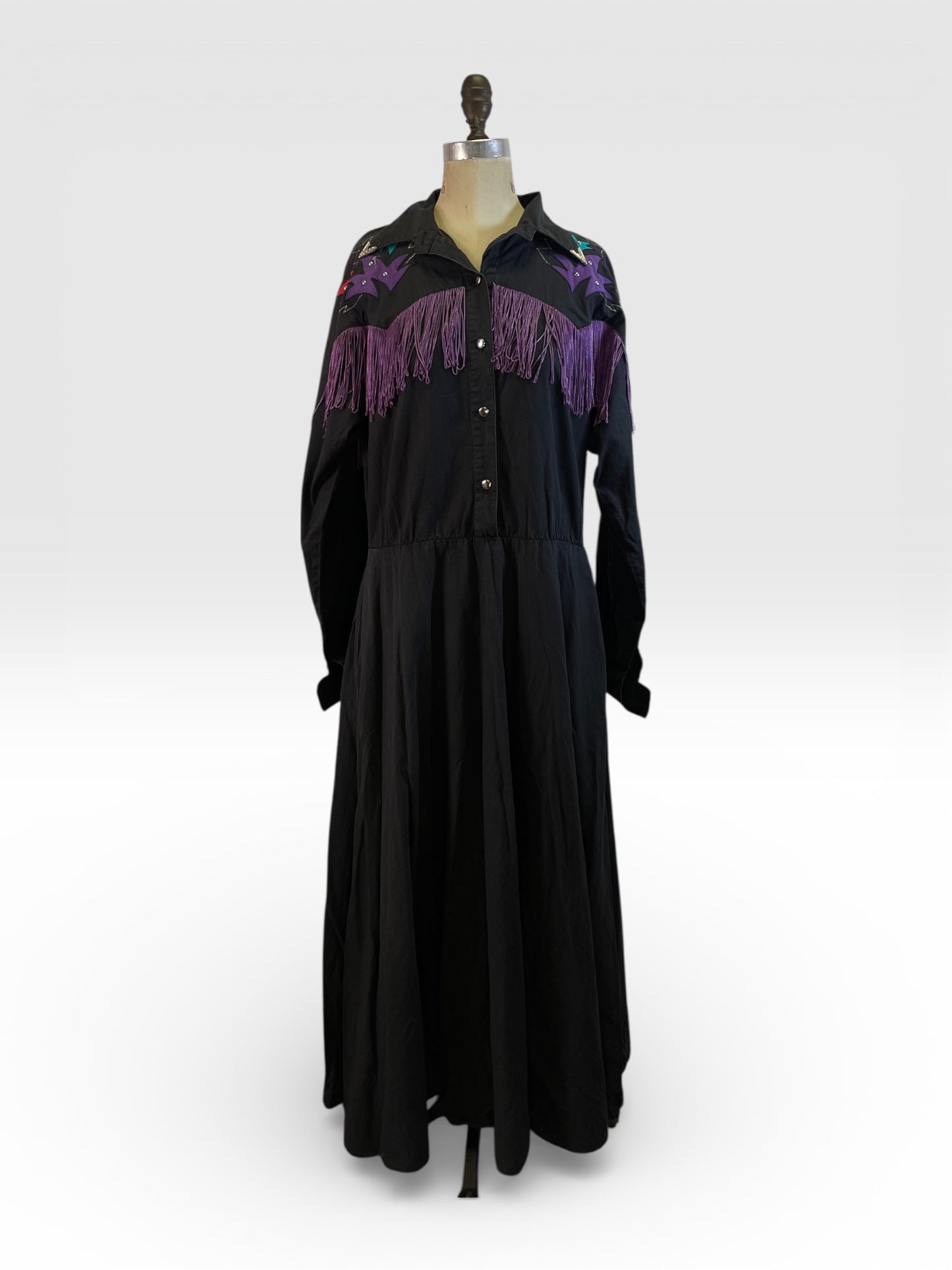 Vintage Black Western Dress with Purple Fringe & Abstract Star Details, size m