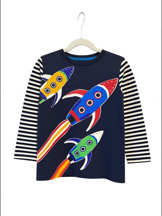 Mini Boden Rockets and Stripes Kids Long Sleeve Shirt, size 6-7Y