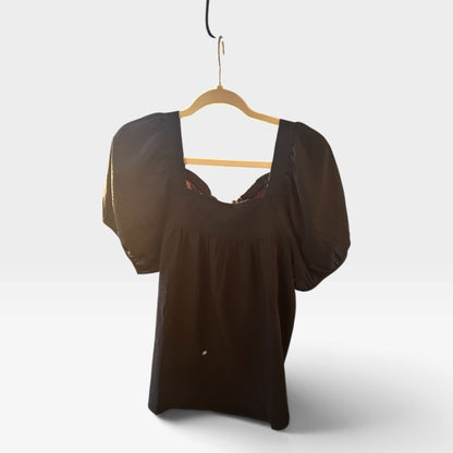 Madewell Black Seersucker Puff Sleeve Top, Boho Blouse, Size M