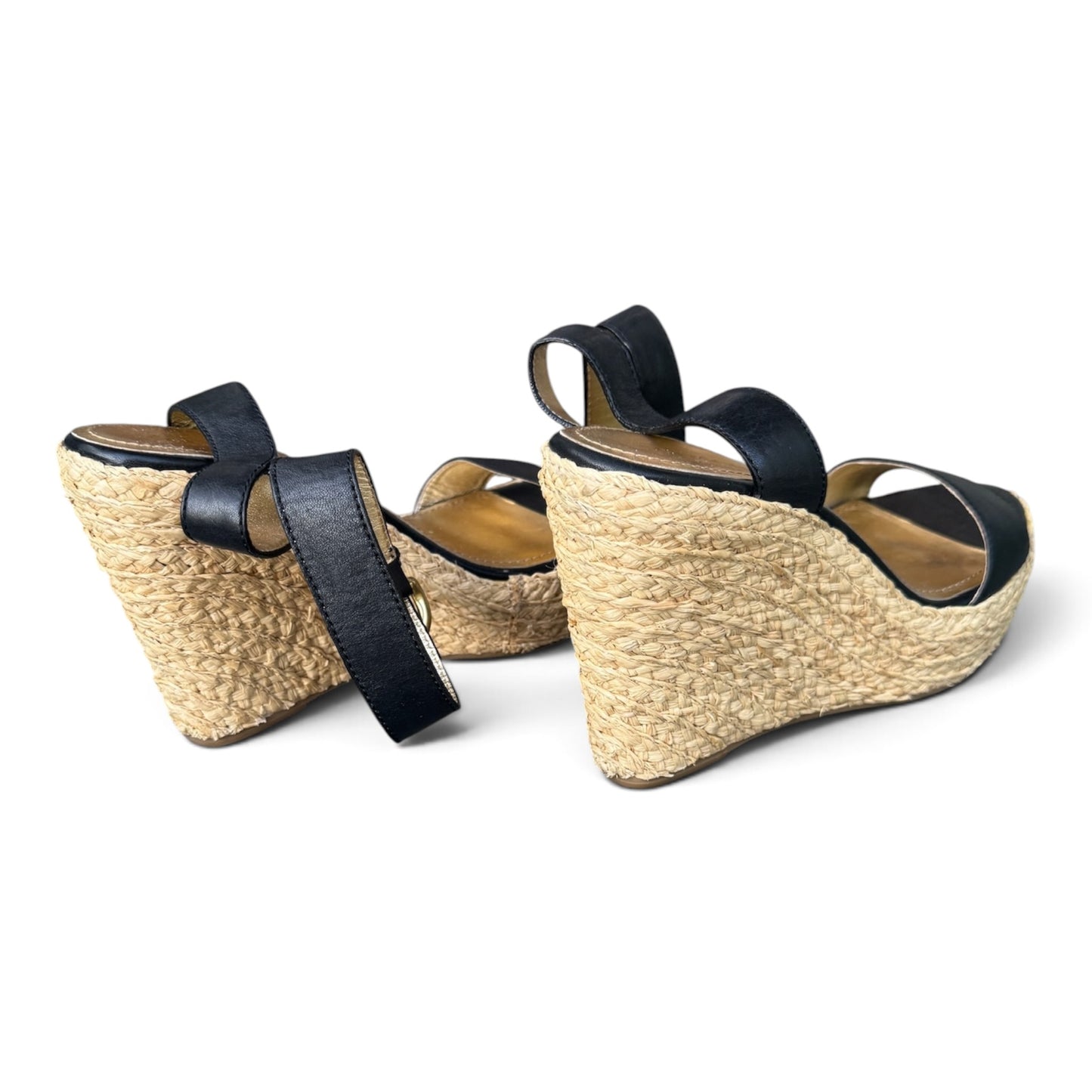 COACH Black Leather Espadrille Platform Wedge Sandals, Size 8.5