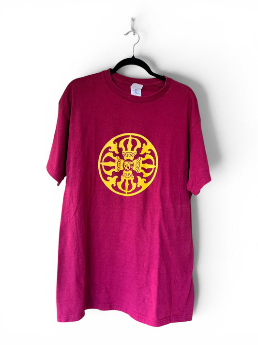 Vintage 90s Tibetan Prayer Wheel Buddhism Burgundy 100% Cotton Tee, Size XL