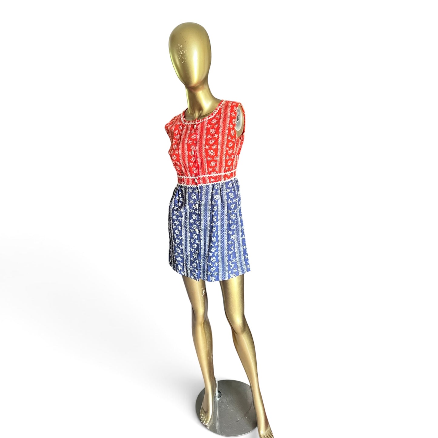 True Vintage Two-Piece Dress & Shorts Set – Red/Blue Floral Calico, XS