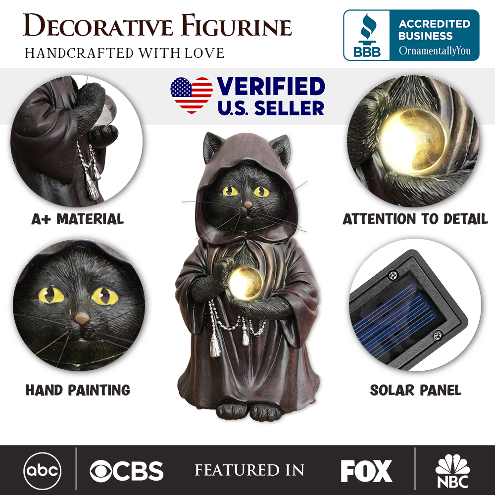 Ominious Black Cat Wizard Figurine, 7" Solar Light