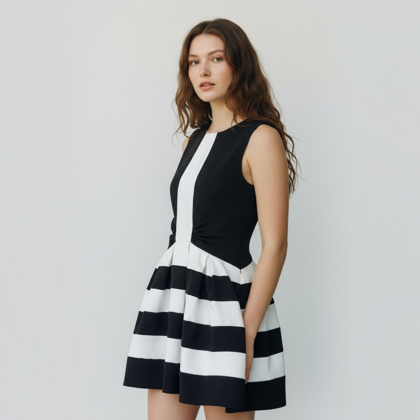 Eva Franco for Anthropologie Black & White Striped Mini Fit and Flare Dress, Size 0