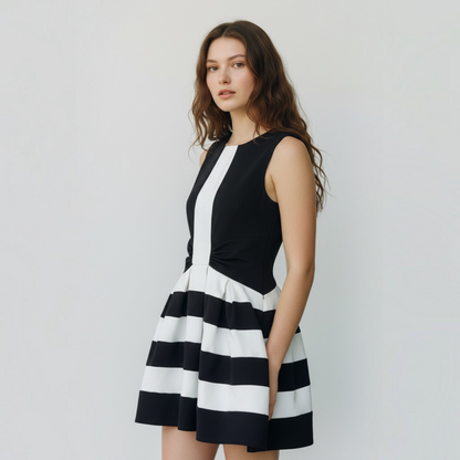 Eva Franco for Anthropologie Black & White Striped Mini Fit and Flare Dress, Size 0
