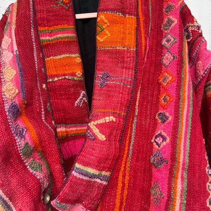Vintage Boho Woven Kimono Jacket Red Stripes Pockets Kantha, Size XL