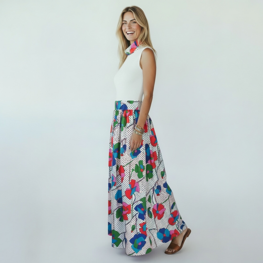60s / 70s Vintage Ankle-Length Bright Floral Dress, Size S