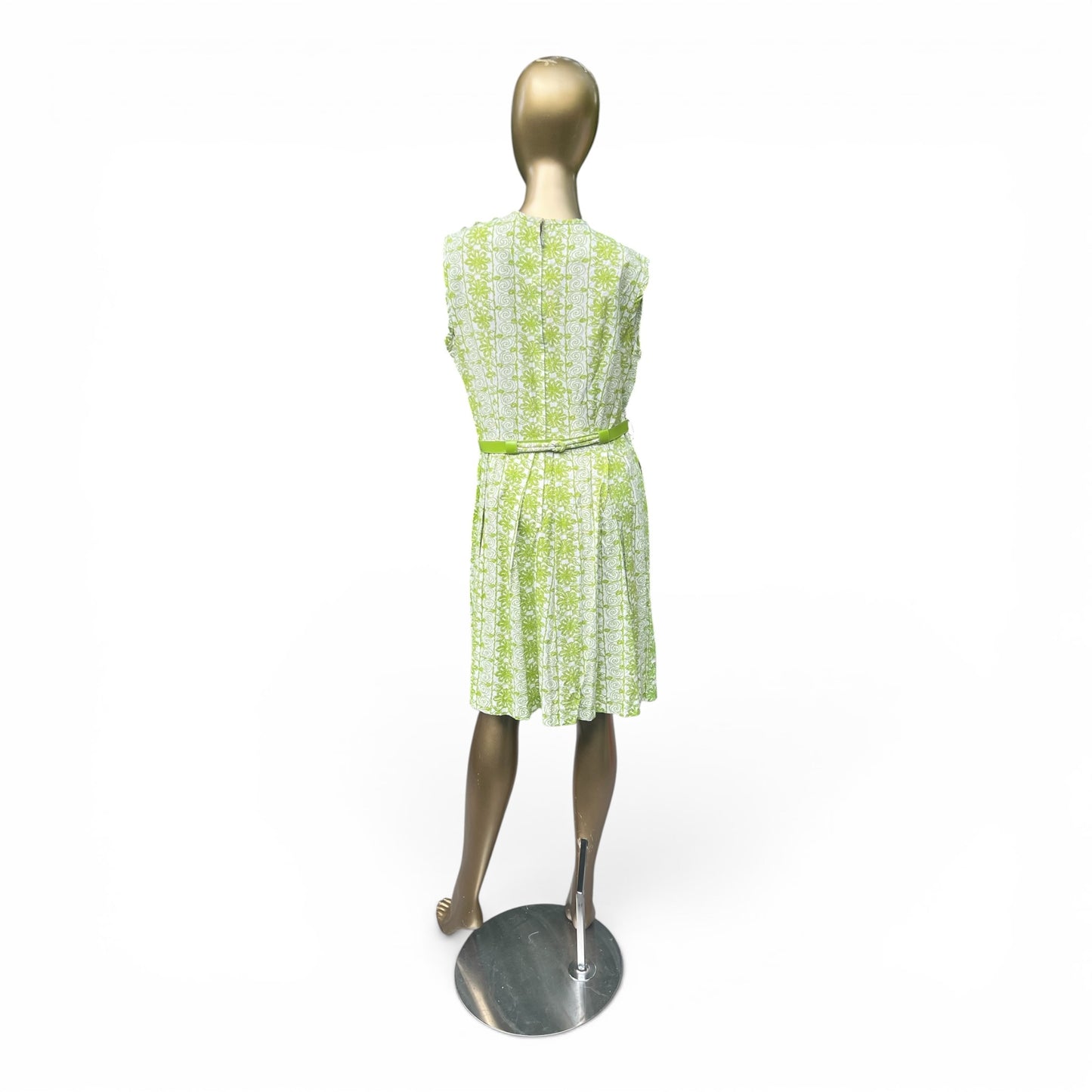 Mod 60s True Vintage Belted Green Patterned Dress, Tiki, Size Small