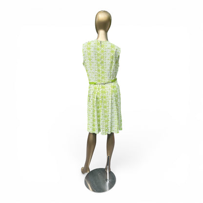 Mod 60s True Vintage Belted Green Patterned Dress, Tiki, Size Small