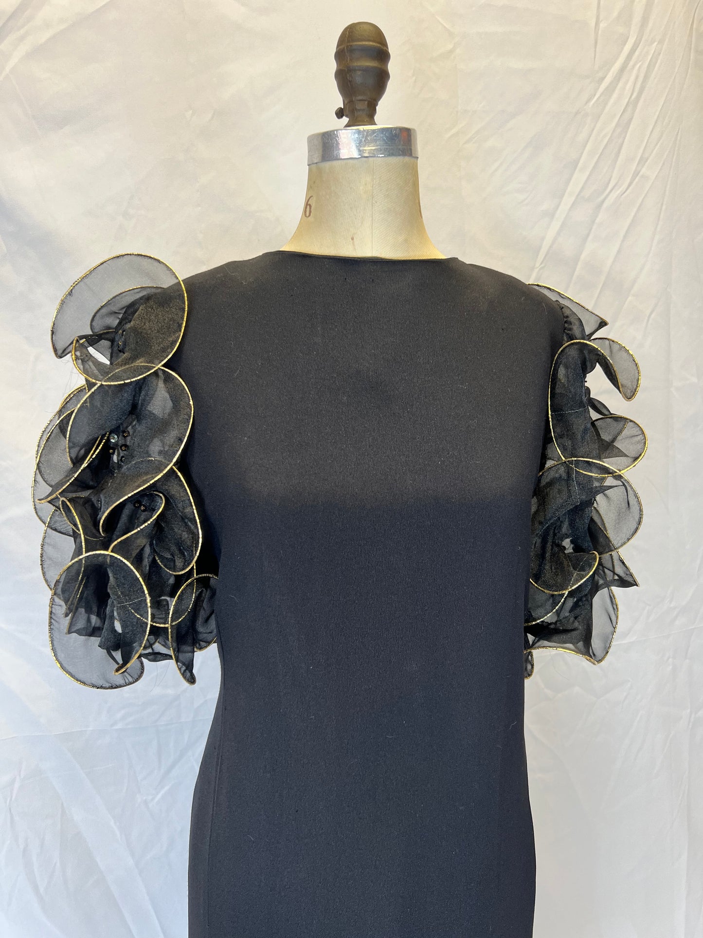 Black and Gold Puff Shoulder 1980s Statement Dress