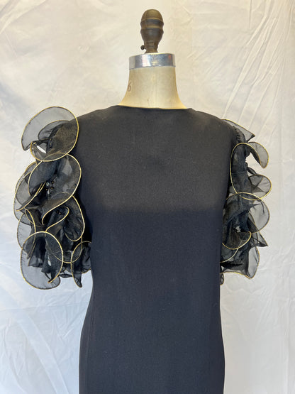 Black and Gold Puff Shoulder 1980s Statement Dress