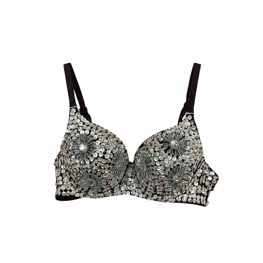 Silver Sequined Black Bra, Size Small
