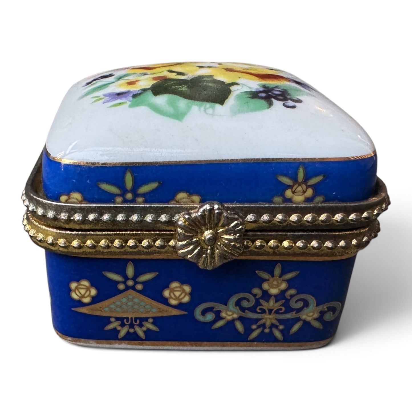 Vintage Cobalt Blue Porcelain Floral Hinged Trinket Box