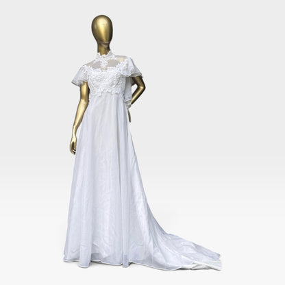 True Vintage 70s Chiffon Wedding Gown, Illusion Lace Back & Train, Size S