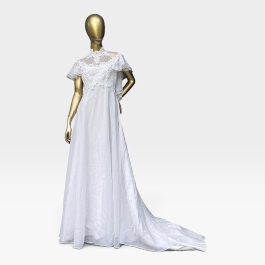 True Vintage 70s Chiffon Wedding Gown, Illusion Lace Back & Train, Size S