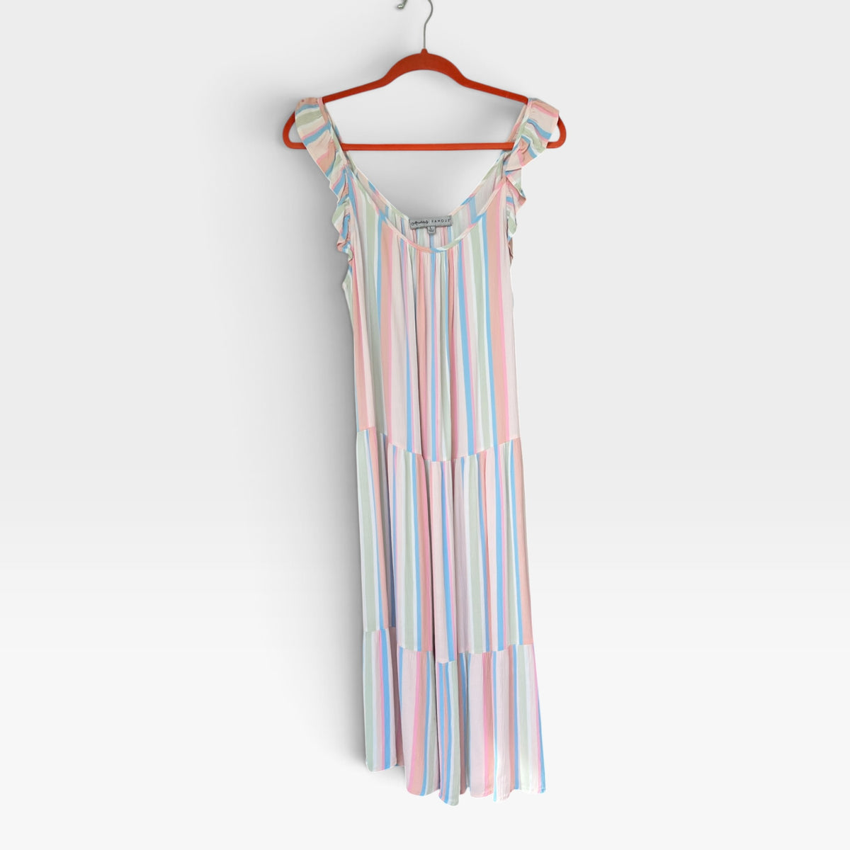Gauzy Vertical Stripes Midi Tank Dress, Flutter Sleeves, Absolutely Famous, Size L