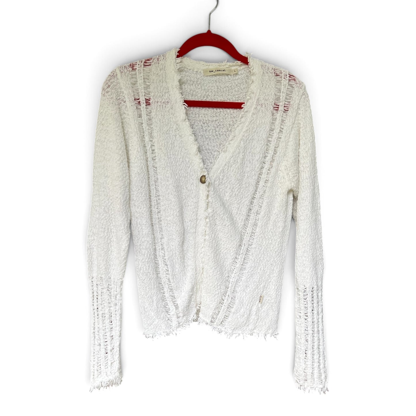 sw_casual Women’s White Textured Cardigan, Frayed Hem & Trim, Size L