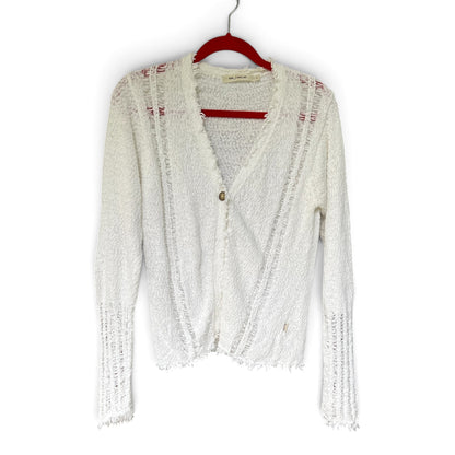 sw_casual Women’s White Textured Cardigan, Frayed Hem & Trim, Size L