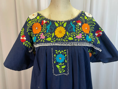 Vintage Blue Embroidered Caftan Style Dress, os