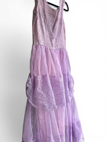 Vintage Lilac Romantic Formal Dress With Tiered Tulle & Lace, Size XS/S