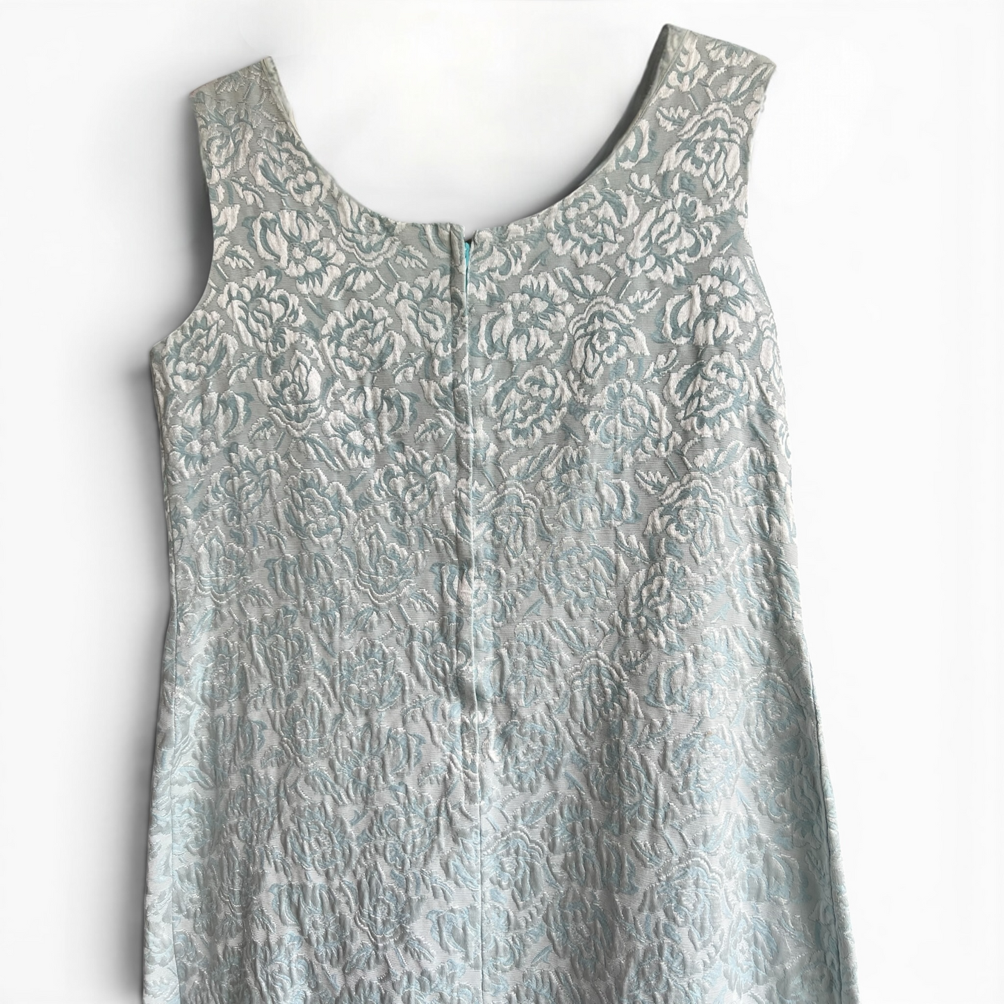 Vintage 1960s Pale Blue Floral Brocade Mini Shift Dress, Size S
