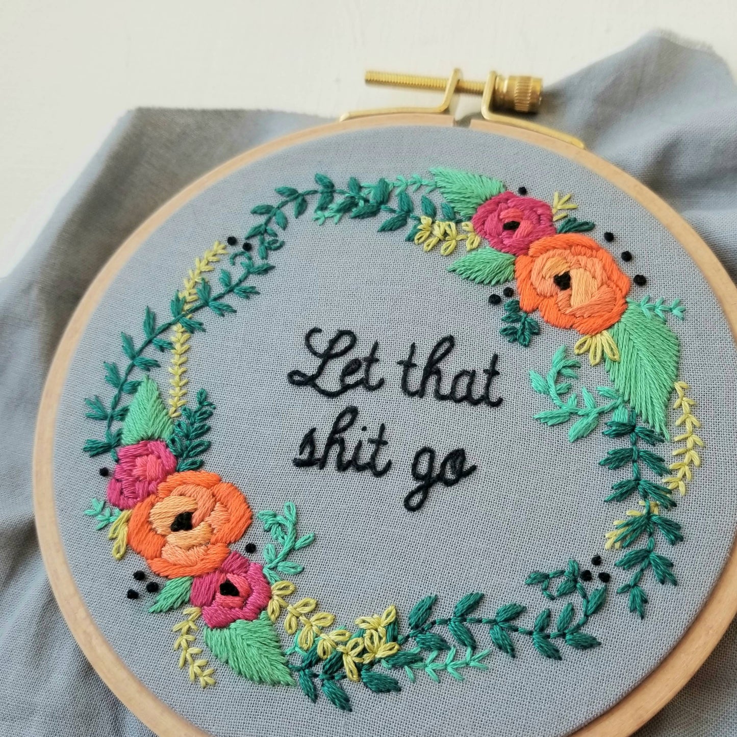 “Let that Sh%# Go” Rose Wreath Beginner Embroidery Kit