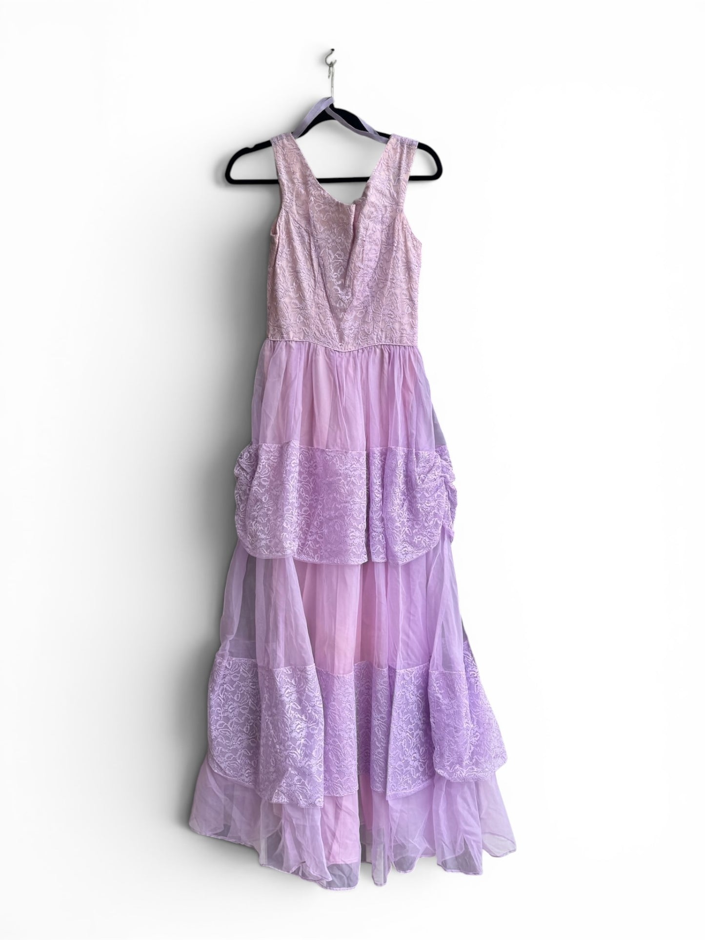 Vintage Lilac Romantic Formal Dress With Tiered Tulle & Lace, Size XS/S