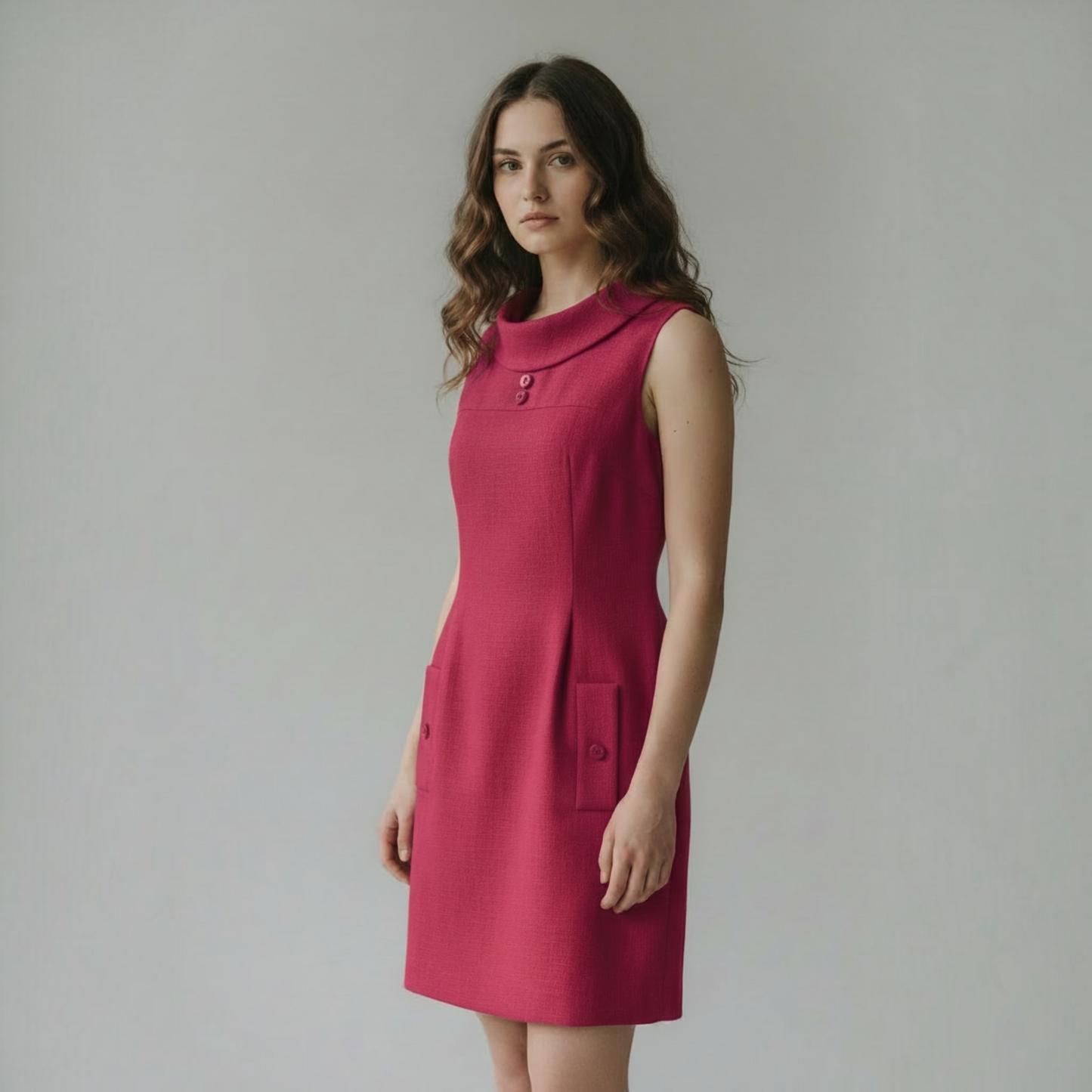 True Vintage 60s Mod Fuchsia Pink Shift Dress Cowl Neck ILGWU Union Made, Size XS