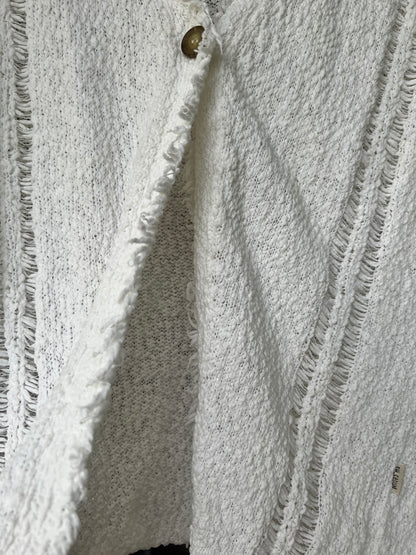sw_casual Women’s White Textured Cardigan, Frayed Hem & Trim, Size L