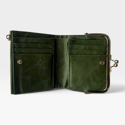 Olive Green Vintage-Style Kiss-Lock Wallet / Coin Purse, Pre-Owned, Unused
