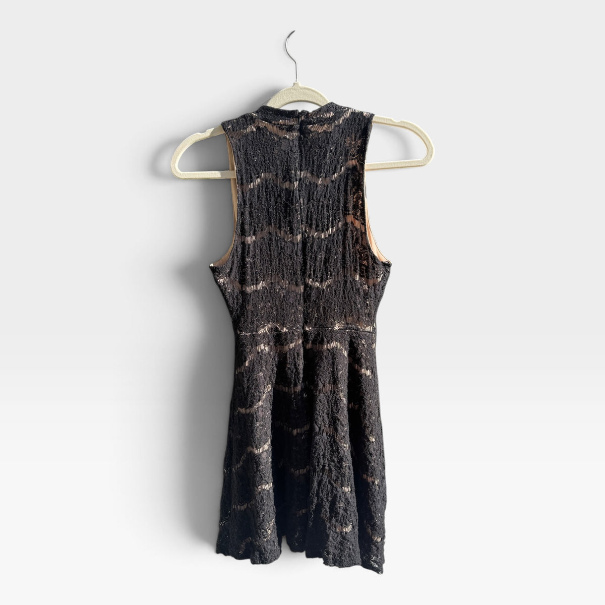 Love, Fire Black Lace Sleeveless Cocktail Mini Dress, Nude Lining, Size M