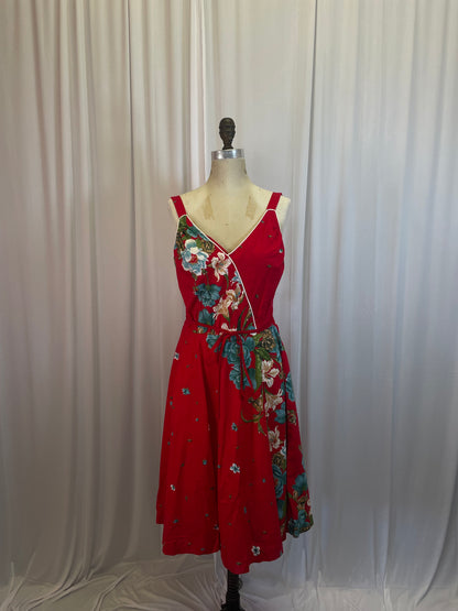 Vintage 70s Red Hawaiian Print Sundress, sz S