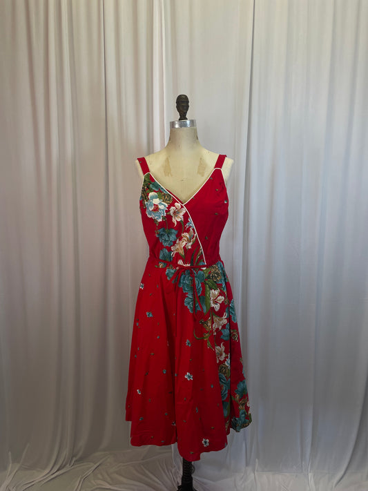 Vintage 70s Red Hawaiian Print Sundress, sz S