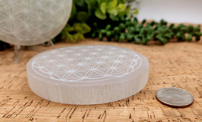 Selenite Crystal Charging Plate/Coaster Round - Flower of Life