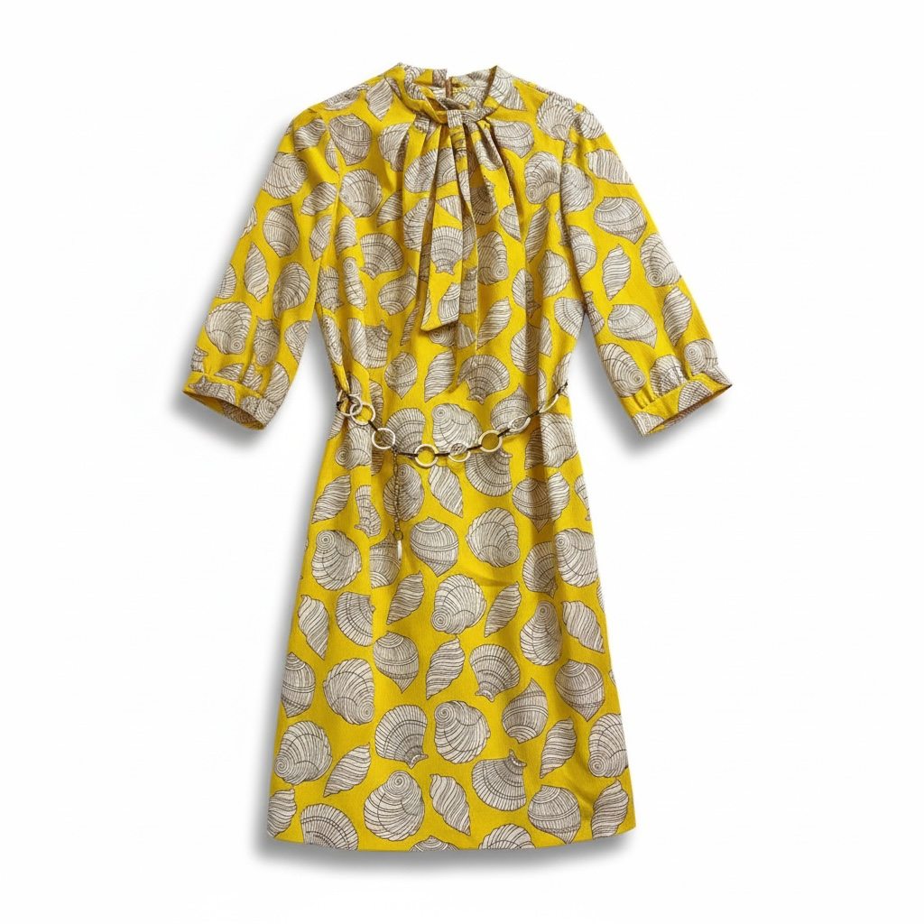 Vintage NWT Yellow Seashell Dress with Belt, size medium