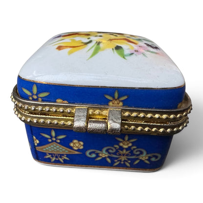 Vintage Cobalt Blue Porcelain Floral Hinged Trinket Box
