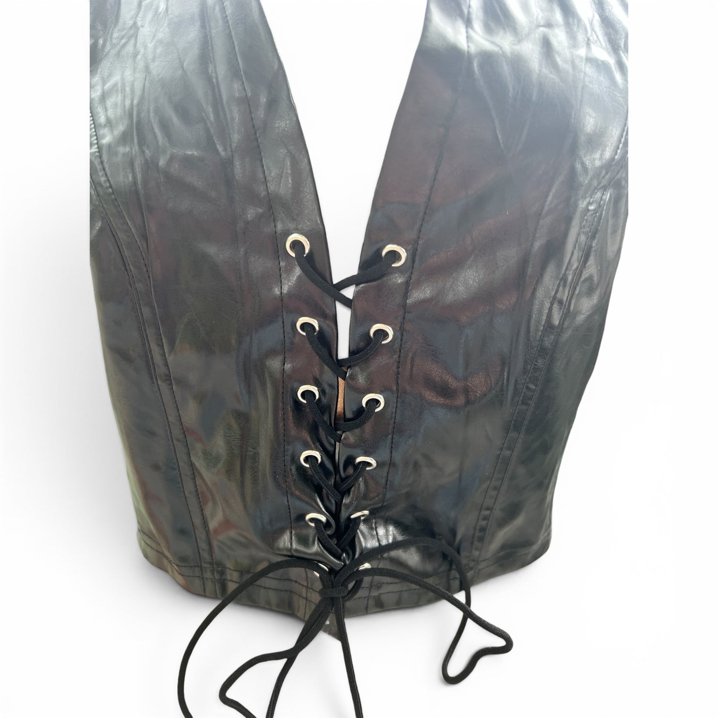 Black Faux Leather Lace-Up Corset-Style Halter Top, Size S