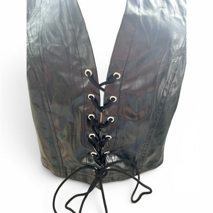 Black Faux Leather Lace-Up Corset-Style Halter Top, Size S