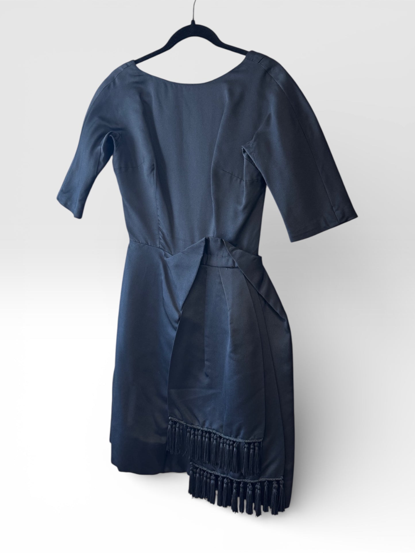 Vintage Black Asymmetric Fringe Hem 50s Cocktail Dress, size xs