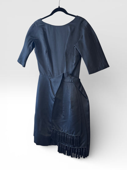 Vintage Black Asymmetric Fringe Hem 50s Cocktail Dress, size xs