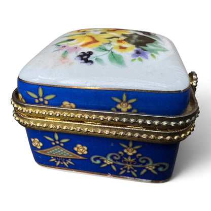 Vintage Cobalt Blue Porcelain Floral Hinged Trinket Box