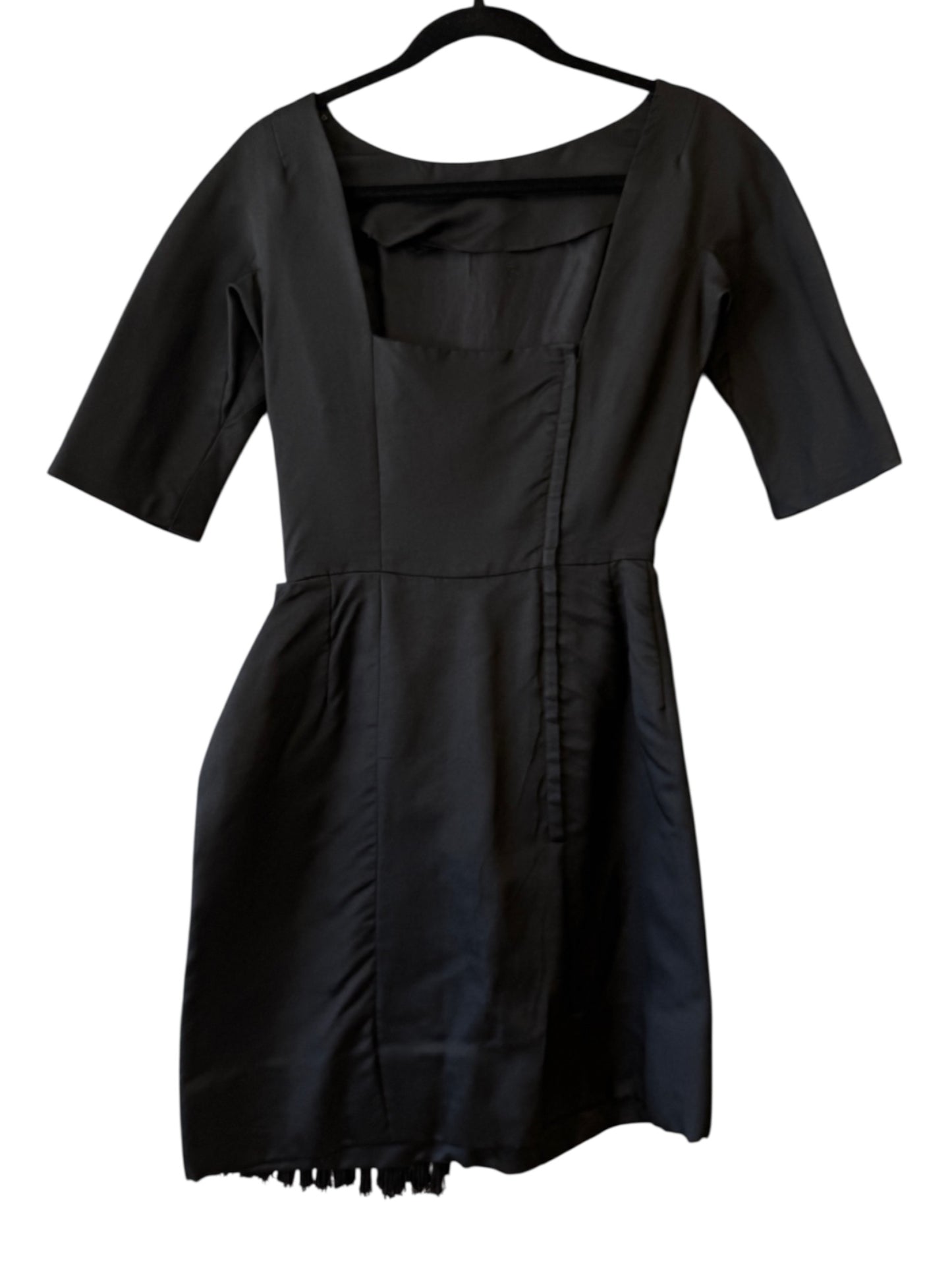 Vintage Black Asymmetric Fringe Hem 50s Cocktail Dress, size xs