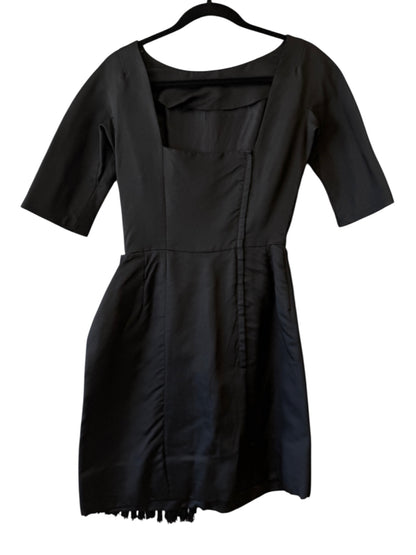 Vintage Black Asymmetric Fringe Hem 50s Cocktail Dress, size xs