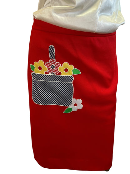 Vintage 70’s Red Skirt with Retro Flower Appliqué, sz small