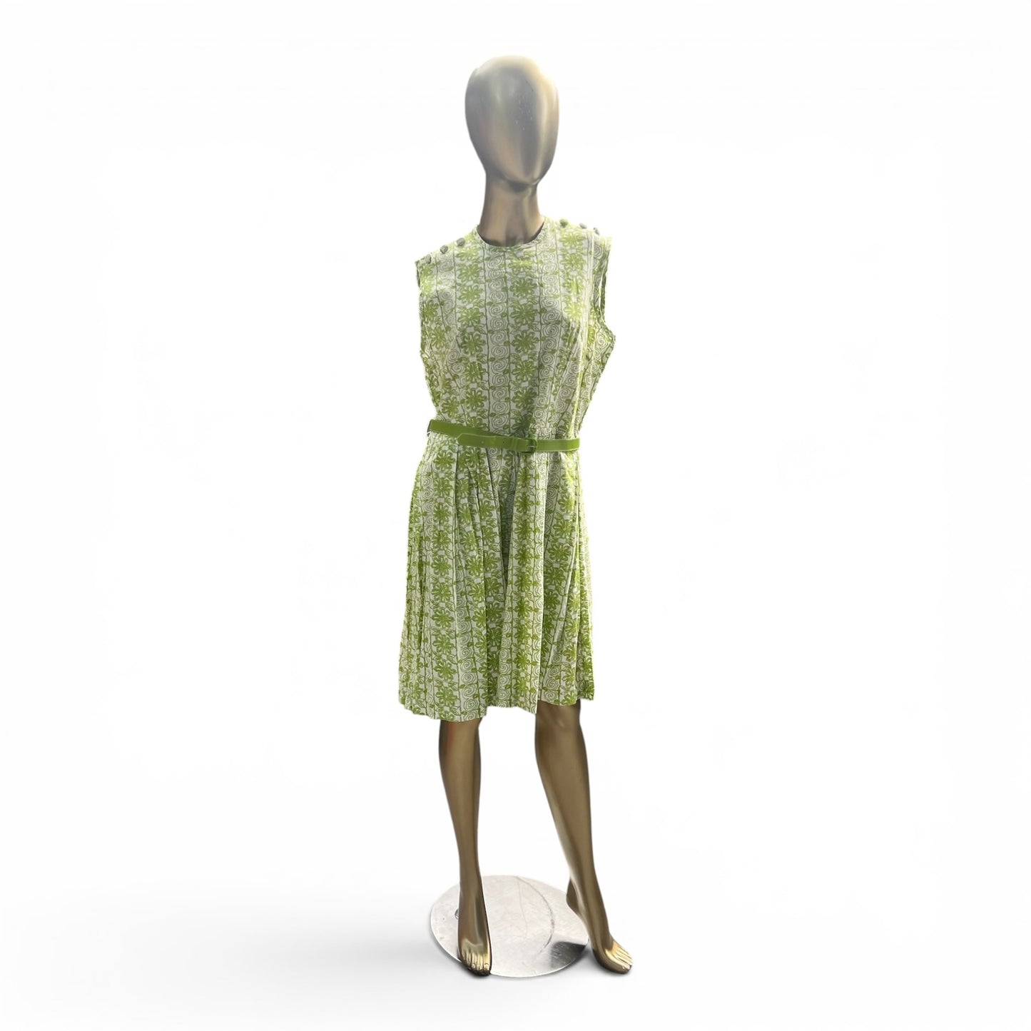 Mod 60s True Vintage Belted Green Patterned Dress, Tiki, Size Small