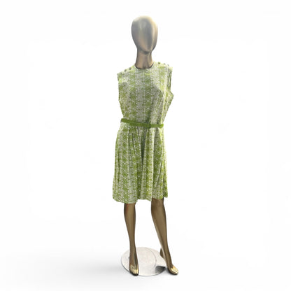 Mod 60s True Vintage Belted Green Patterned Dress, Tiki, Size Small